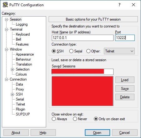 Settings in Putty to connect to the local VM