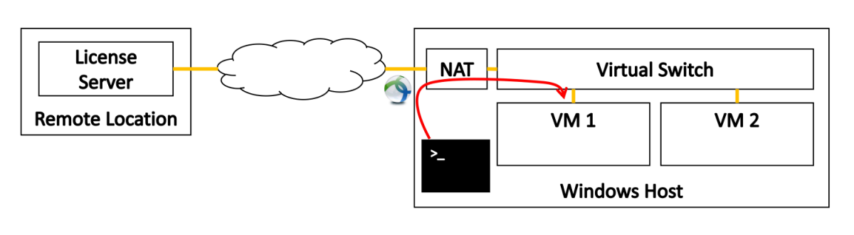 Setup of the local and remote system consisting of VMware host, Cisco AnyConnect VPN, two virtual machines, NAT switch and a remote license server