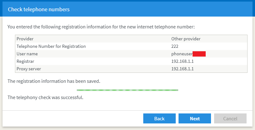 Successful telephony check of the internet telephone number