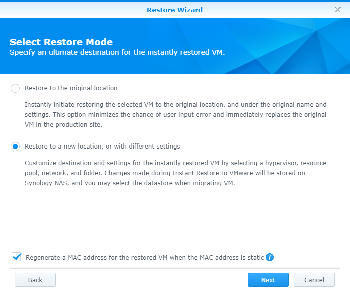 Synology Active Backup for Business Virtual Machine Instant Restore Select Restore Mode