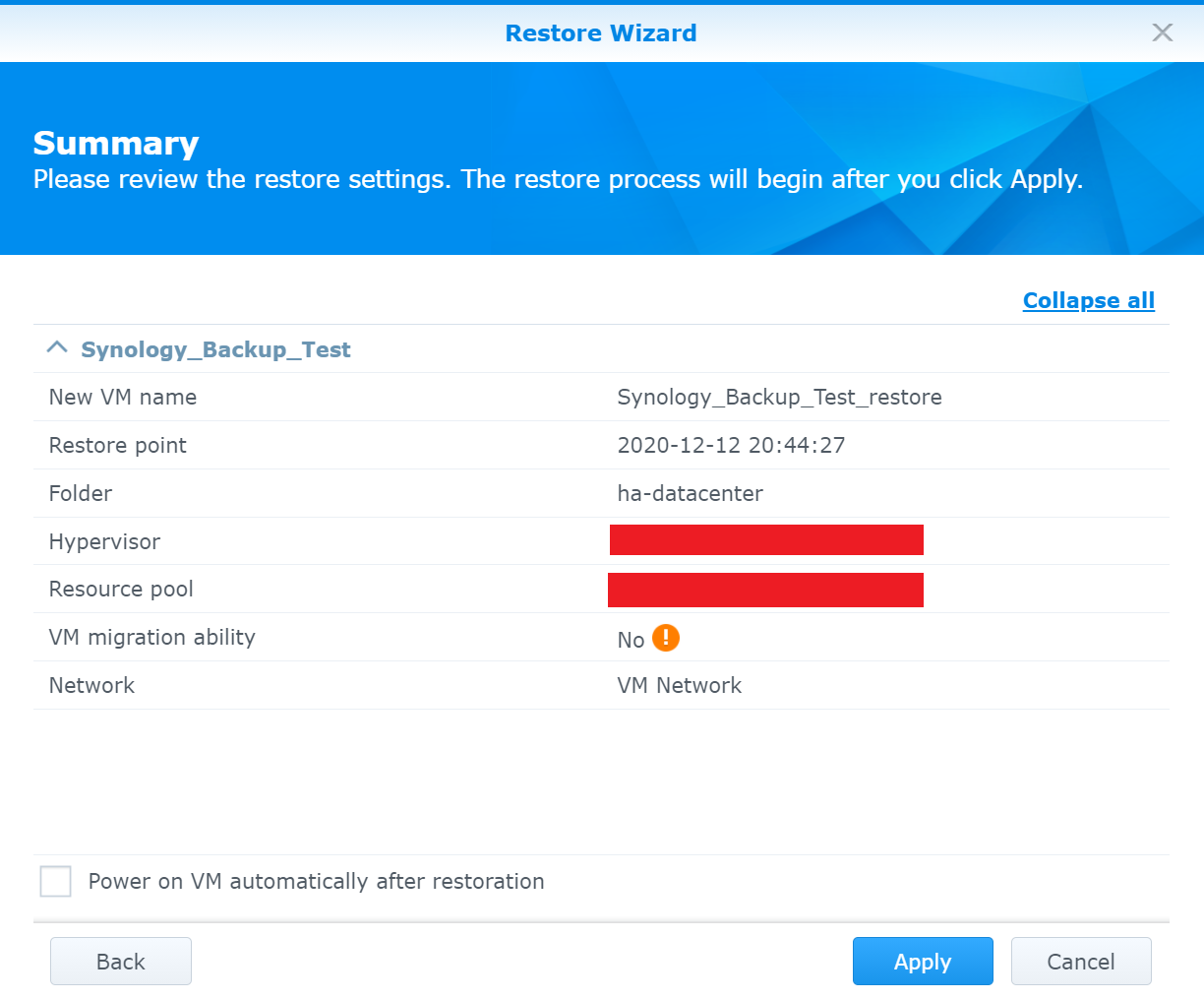 Synology Active Backup for Business Virtual Machine Instant Restore Summary